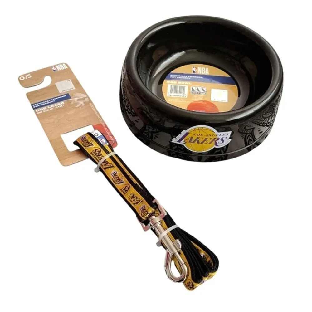 NBA Official Licensing LA Lakers Printed Pet Dog Bowl And Leash Set NWT